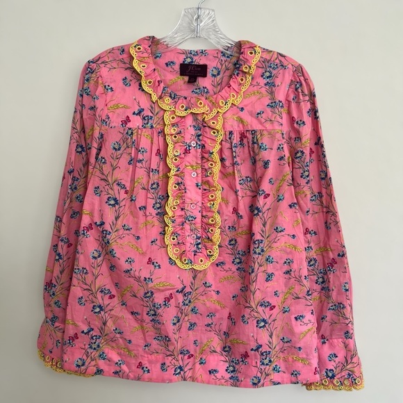 J.Crew Liberty Fabric Pink Cotton Poplin Blouse XS Ruffle Wheat Bouquet Floral - Picture 2 of 8